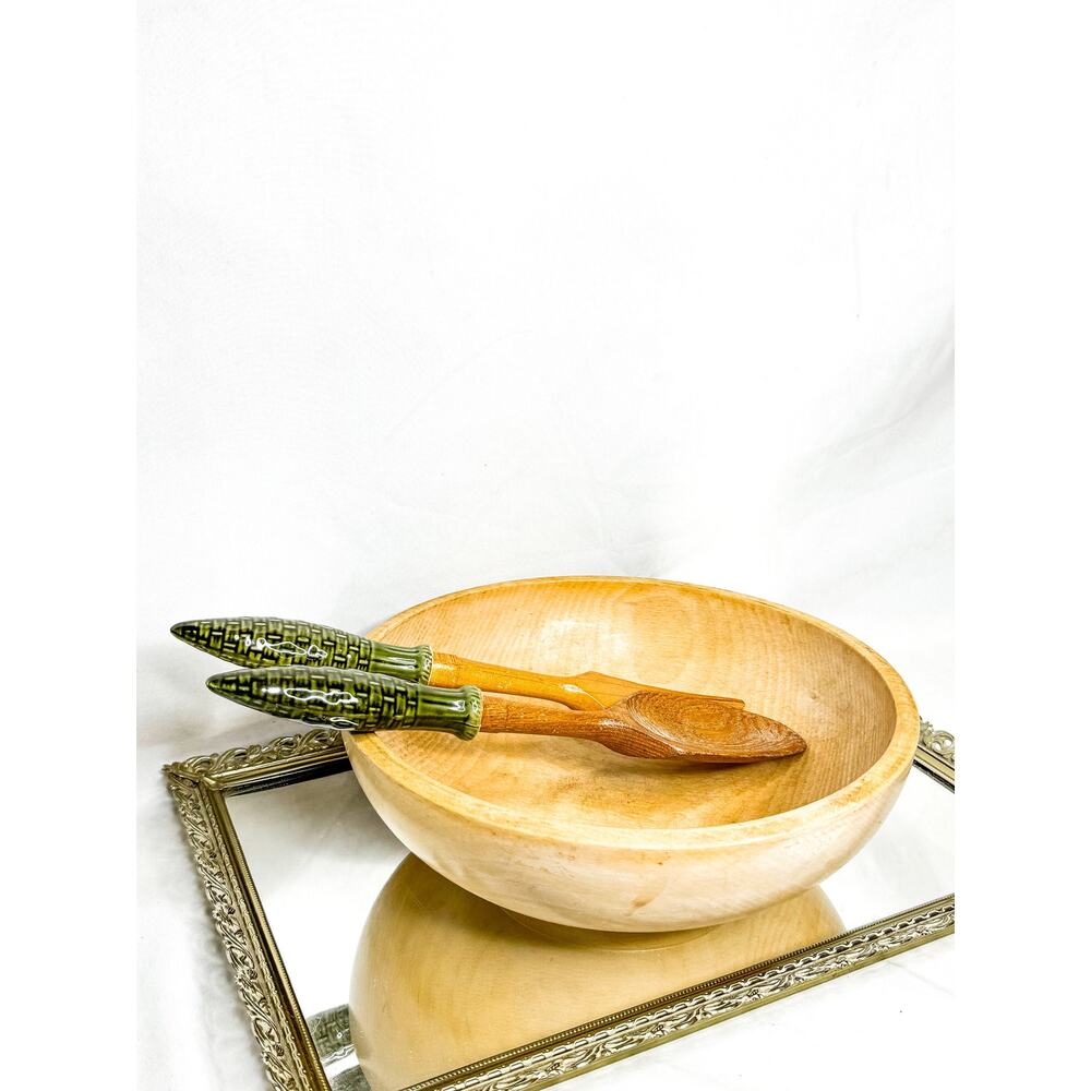 Vintage Japanese Ceramic and Wood Salad Serving Set Utensils Green